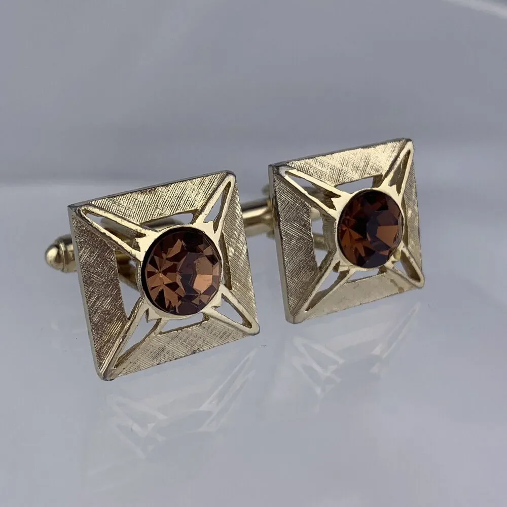 Square Brown Rhinestone Gold Tone Cufflinks Modern Formal Cutout Shields Vintage